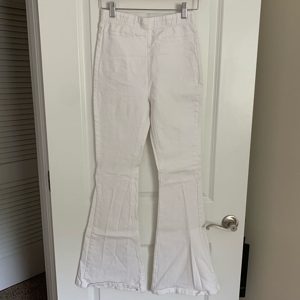 White Bell Bottom Pants with Elastic Waist Band